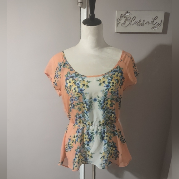 Peach mesh floral shirt (juniors size L) - Picture 1 of 6